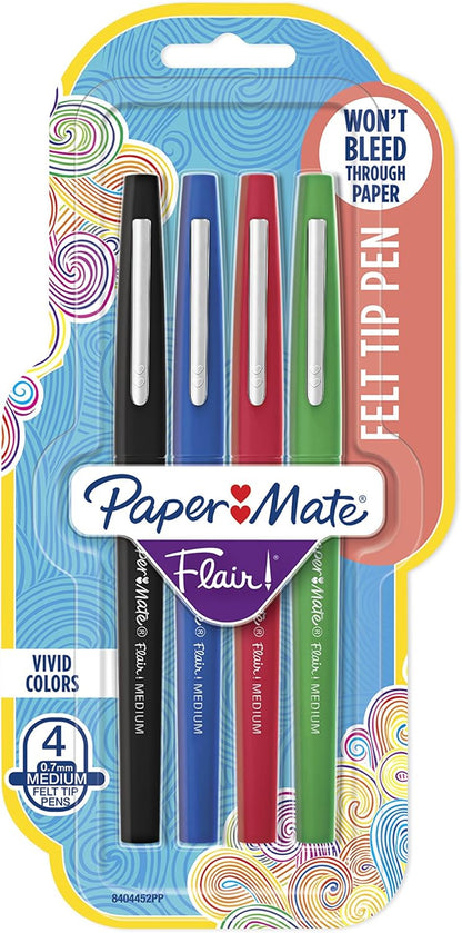 Paper Mate Flair Felt Tip Pens, Medium Point (0.7mm), Business Colors, 4 Count