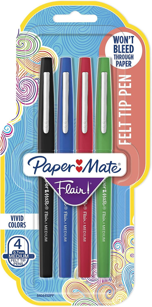 Paper Mate Flair Felt Tip Pens, Medium Point (0.7mm), Business Colors, 4 Count