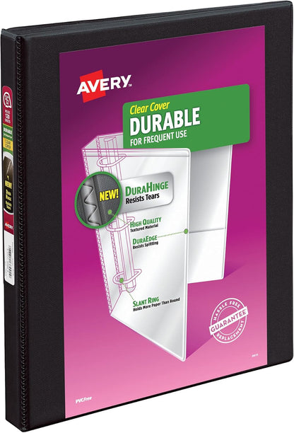 Avery Durable View 3 Ring Binders, 2 Inch Slant Rings, 530-Sheet Capacity, DuraHinge, 2.8 Inch Wide Spine, Customizable Clear Cover and Spine, Black Binders (12-Pack of 17031)