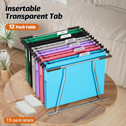 SHUTEX Extra Capacity Plastic Hanging File Folders,12 Pack Reinforced Hang Folder,Heavy Duty 1 Inch Expansion,Filing Cabinet Folders Letter Size for Bulk Files/Medical Charts, Black