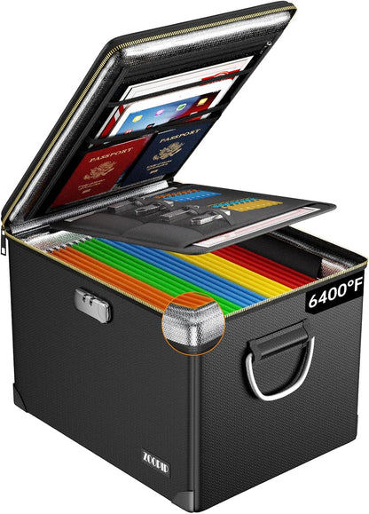 Fireproof Document Box,5200°F File Organizer Box with Lock,Foldable Filing Organizer Cabinet, Portable Safe Storage for Hanging Letter/Legal Folder,Black