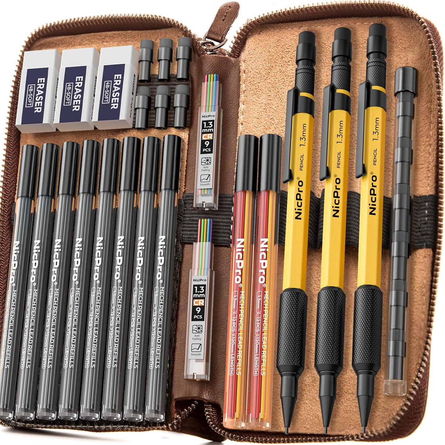 Nicpro 21PCS 1.3 mm Mechanical Pencil Set in Leather Bag with 138 Lead Refill Black & Colors, Erasers- Weatherproof Metal Heavy Duty Carpenter Pencil for Outdoor Drafting Marking Drawing Woodworking