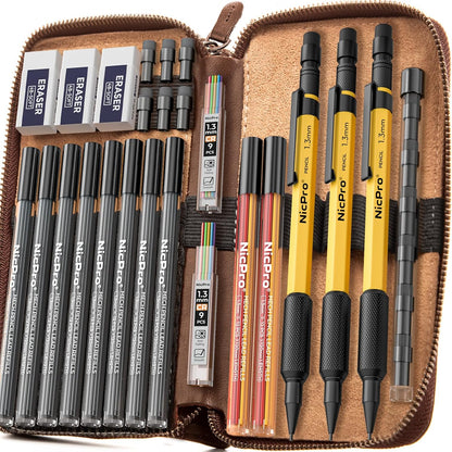 Nicpro 21PCS 1.3 mm Mechanical Pencil Set in Leather Bag with 138 Lead Refill Black & Colors, Erasers- Weatherproof Metal Heavy Duty Carpenter Pencil for Outdoor Drafting Marking Drawing Woodworking