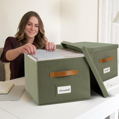 ZICOTO Decorative File Organizer Box Set of 2 - Collapsible Linen Filing Cabinets with Handles Are Perfect to Store All Your Documents & Hanging File Folders - Portable Easy Slide Crates with Lid