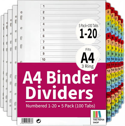 Binder Dividers with Tabs 1-20 Numbered – A4 (3 Pack) | Dividers for 3 Ring Binder | Numbered Tab Dividers for Office, School & Home Organization - The Paper Shop