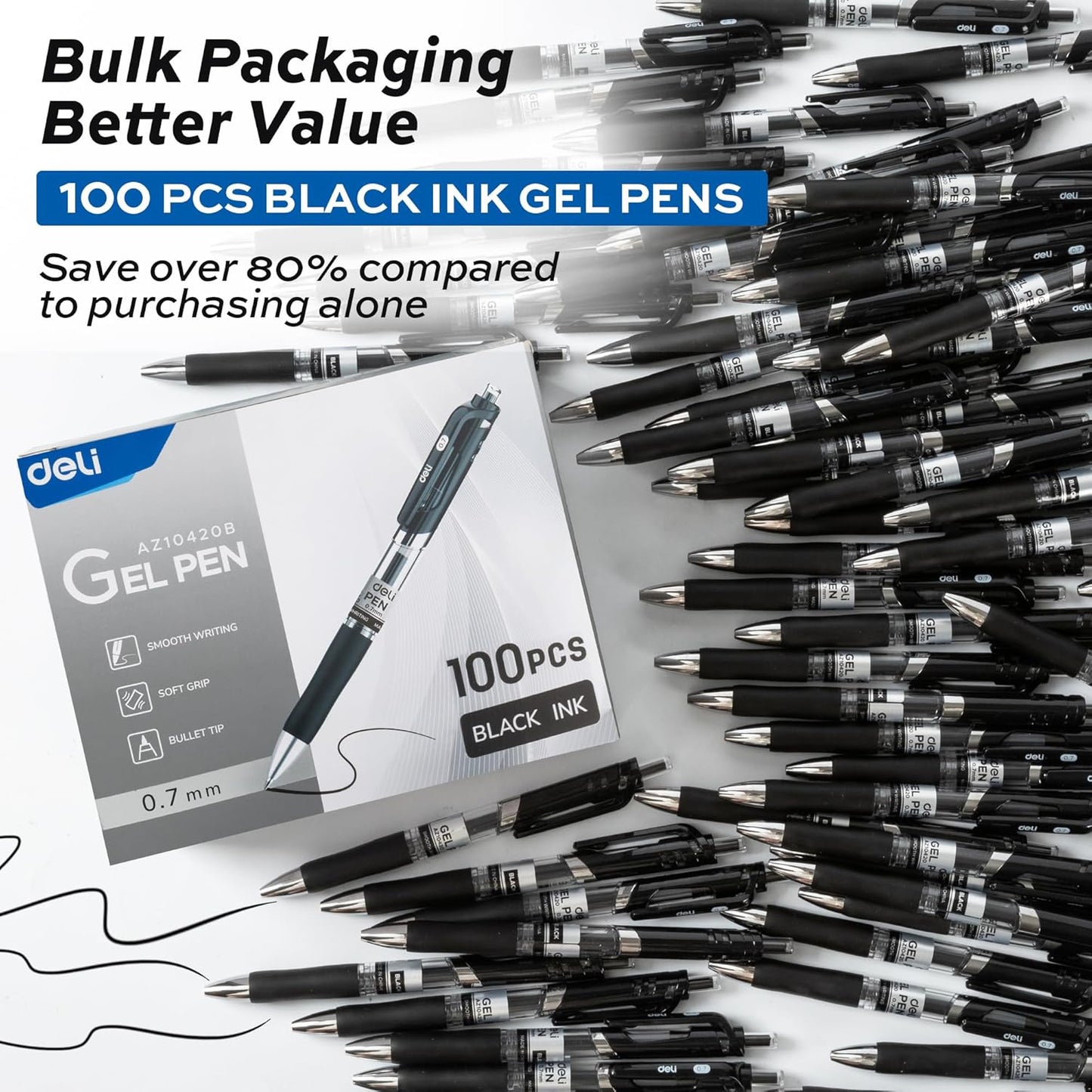 deli Gel Pens, 50 Pcs Retractable Pens Black Ink, Medium Point Pen 0.7mm, Smooth Writing, Fast Dry, No Bleed for Journaling Note Taking, Home School Office Supplies