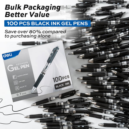 deli Gel Pens, 50 Pcs Retractable Pens Black Ink, Medium Point Pen 0.7mm, Smooth Writing, Fast Dry, No Bleed for Journaling Note Taking, Home School Office Supplies