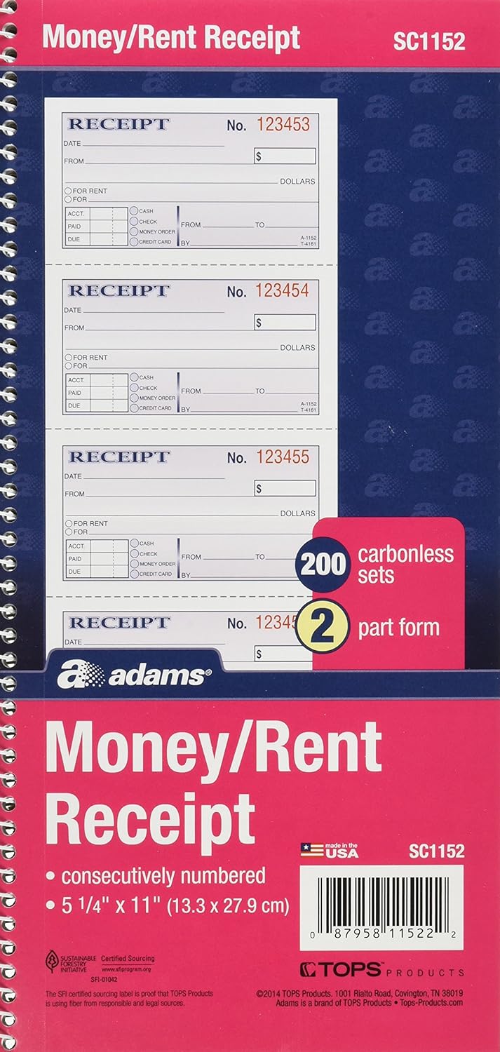 Adams Money and Rent Receipt Book, 2-Part Carbonless, 5-1/4" x 11", Spiral Bound, 200 Sets per Book, 4 Receipts per Page (SC1152)