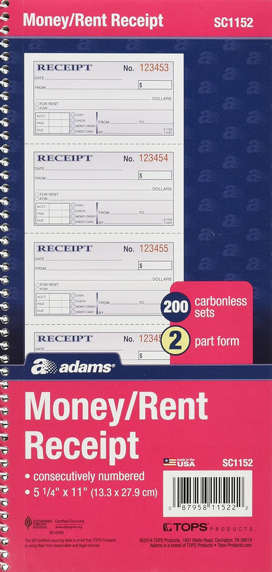 Adams Money and Rent Receipt Book, 2-Part Carbonless, 5-1/4" x 11", Spiral Bound, 200 Sets per Book, 4 Receipts per Page (SC1152)