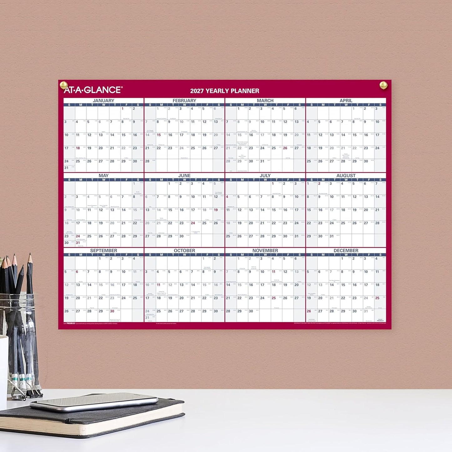 AT-A-GLANCE 2026 Erasable Calendar, Dry Erase Wall Planner, 12" x 16", Small, Vertical-Horizontal, Reversible, Compact (PM330B2826)