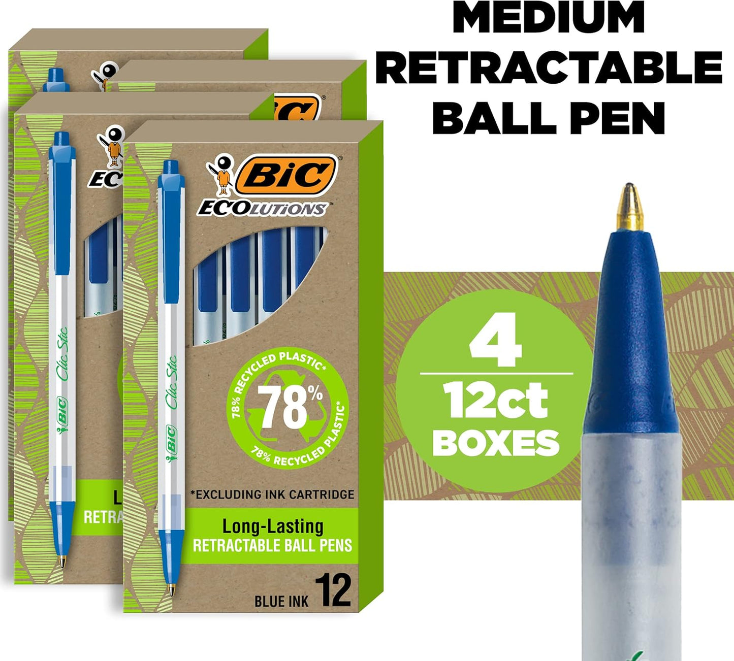 BIC Ecolutions Clic Stic Blue Ballpoint Pens, Medium Point (1.0mm), 48-Count Pack, Retractable Ball Point Pens Made from 78% Recycled Plastic