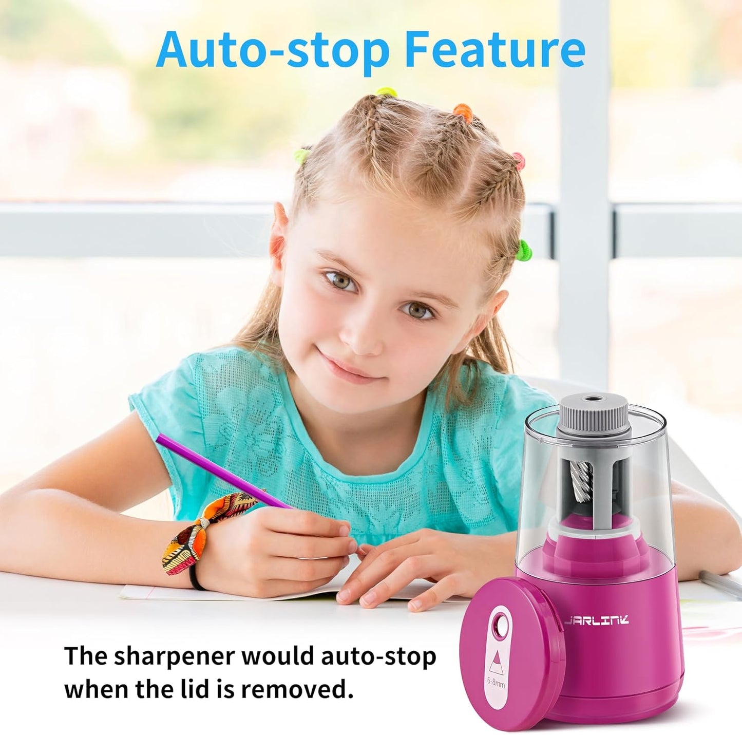 JARLINK Electric Pencil Sharpener, Heavy-Duty Helical Blade to Fast Sharpen, Auto Stop for No.2/Colored Pencils(6-8mm), AC Adapter/Battery Operated in School Classroom/Office/Home (Black)