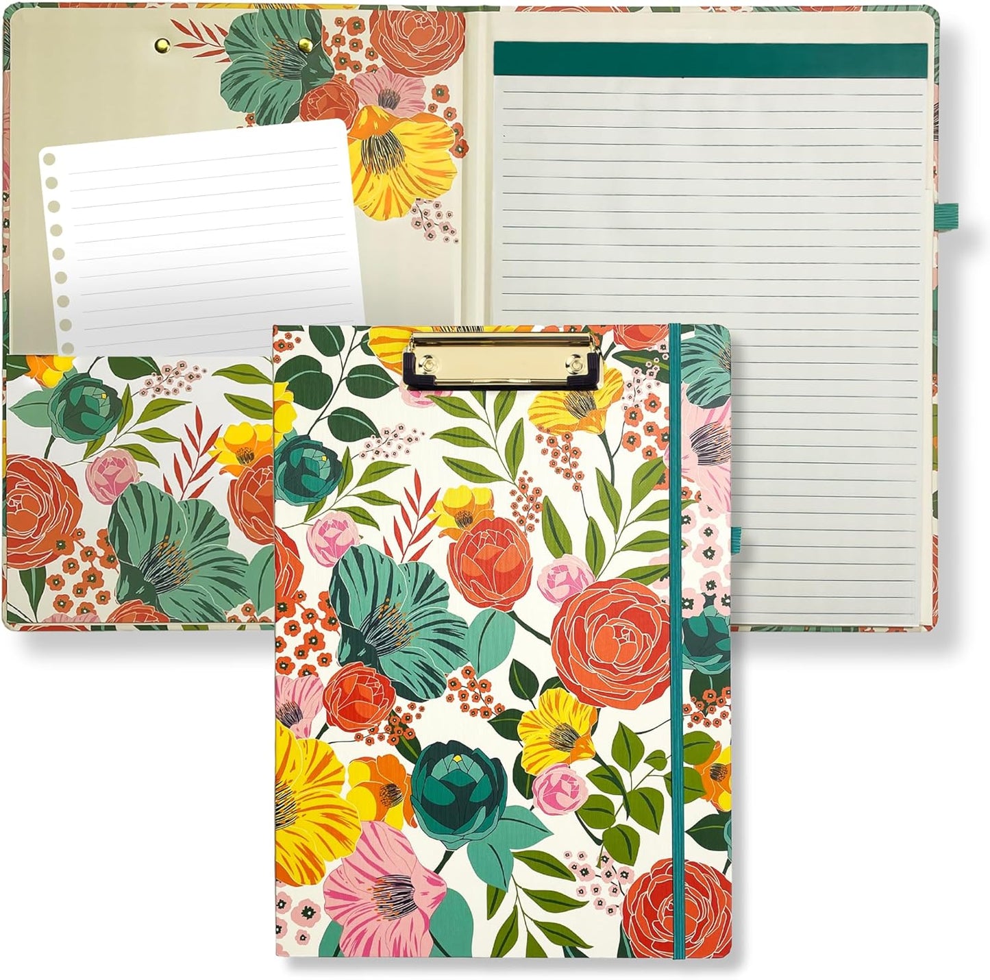 Steel Mill & Co Cute Clipboard Folio with Refillable Lined Notepad and Interior Storage Pocket, Floral Padfolio for Work, Garden Blooms Cream