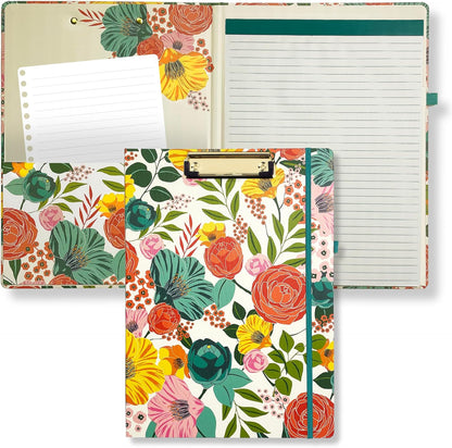 Steel Mill & Co Cute Clipboard Folio with Refillable Lined Notepad and Interior Storage Pocket, Floral Padfolio for Work, Garden Blooms Cream