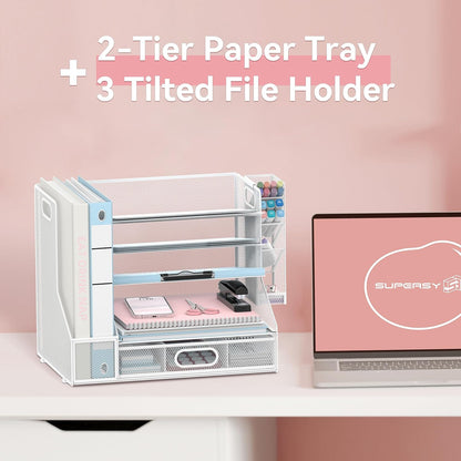 SUPEASY Desk Organizer with File Holder, 5-Tier Mesh Paper Letter Tray Organizer with Pen Holder and Drawer, Desktop Organizer and Storage with 3 Tilted File Sorter for Office Supplies, Blue