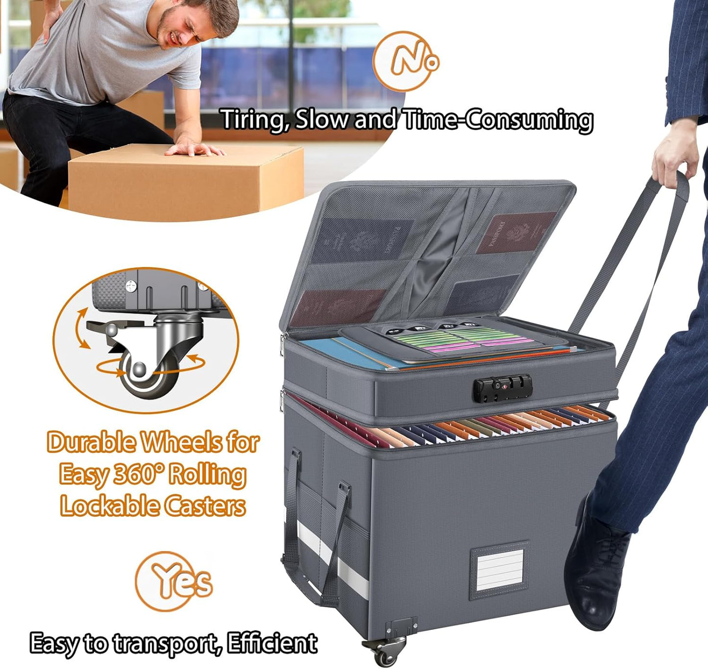 DocSafe Fireproof Document Box with Lock,2-Layer File Box with Wheels,Collapsible File Storage Organizer with Pockets,Large Portable Home Filing Cabinet for Hanging Folders,Black,16''x13.8''x12.2''
