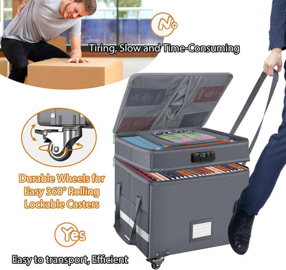 DocSafe Fireproof Document Box with Lock,2-Layer File Box with Wheels,Collapsible File Storage Organizer with Pockets,Large Portable Home Filing Cabinet for Hanging Folders,Black,16''x13.8''x12.2''