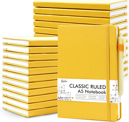 feela College Ruled Notebooks, 24 Pack Business Notebook Hardcover Lined Writing Journal with Pen Holder for Men Women Note Taking, with 24 Black Pens, 120 GSM, 5.1”x8.3”, A5, White