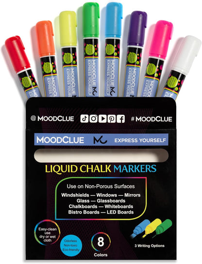MoodClue Liquid chalk markers 12 neon erasable Whiteboards, glass boards, chalkboards, windows, mirrors, car windshields, auto, glass. Odorless, non-toxic. Wet or dry erase. Thick and thin tip