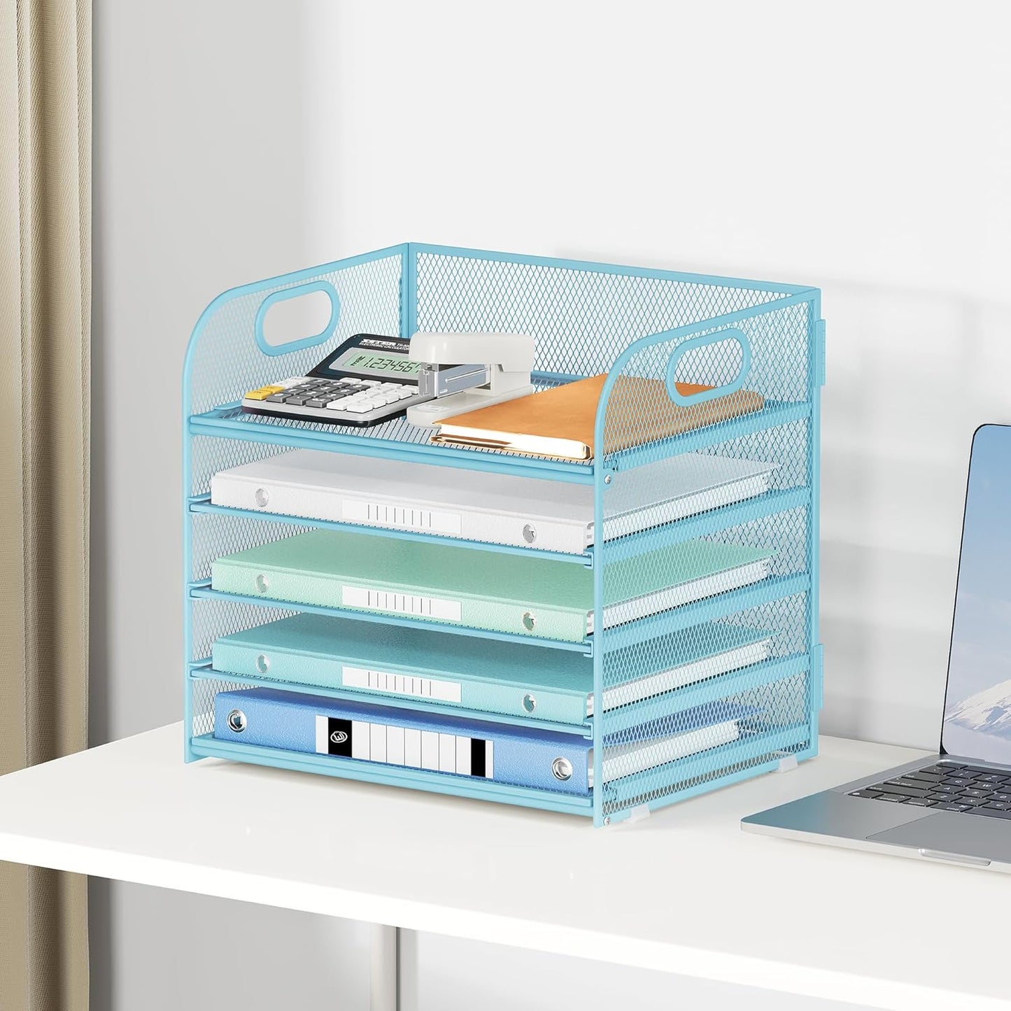 Lavatino 5 Tray Desk File Organizer, Black Mesh Paper Sorter Letter Tray Organizer with Handle, Desktop File Organizer and Storage for Letter/A4 Office File Folder