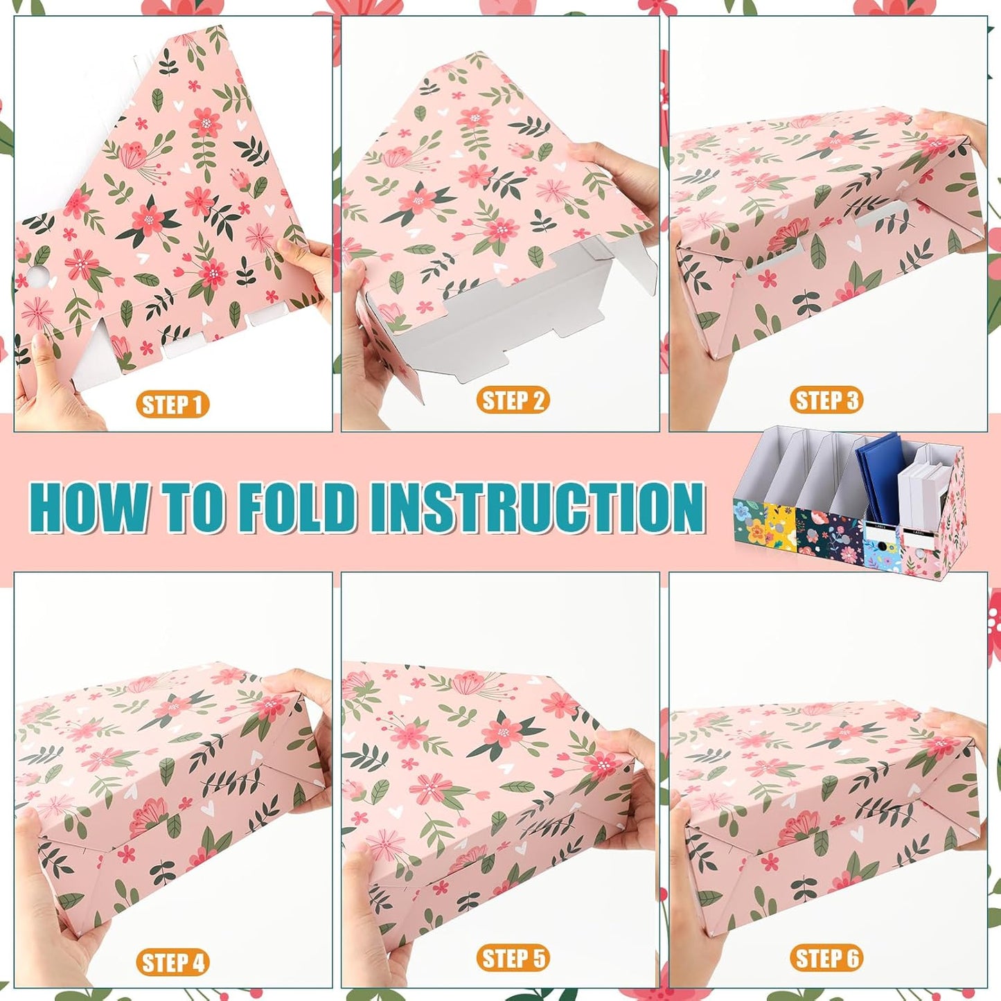 PerKoop 6 Pcs Decorative Magazine File Holders Floral Foldable File Folders Magazine Storage Boxes Rack Desk Organizer Documents with Printable Labels for School Office Home (Floral)