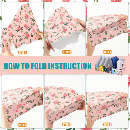 PerKoop 6 Pcs Decorative Magazine File Holders Floral Foldable File Folders Magazine Storage Boxes Rack Desk Organizer Documents with Printable Labels for School Office Home (Floral)