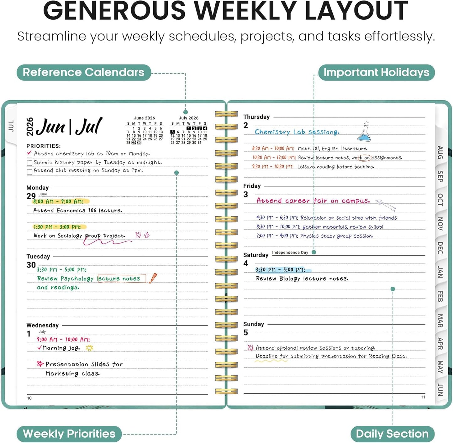 Planner 2026-2027, Academic Year Monthly and Weekly Calendar Planner, Jul 2026 - Jun 2027, Hardcover Teacher Student Planning Agenda book with Tabs, Perfect for School Office Supplies, 6.3" x 8.5" - Wildflowers