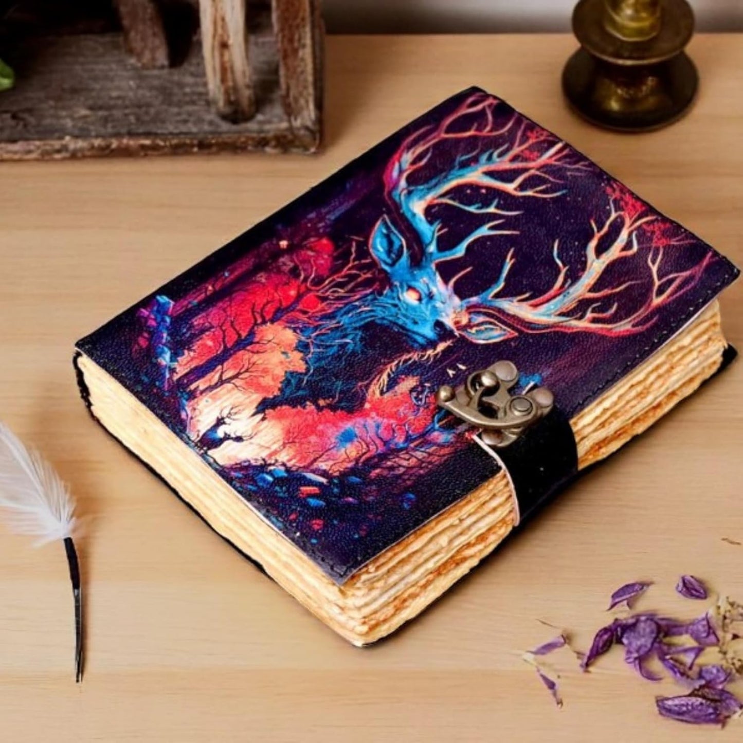 Stag Deer Leather Journal with Lock 7x5 Inch | Handmade Gothic Forest Notebook | 200 Pages 150 GSM Recycled Paper | Pagan Fantasy Grimoire Diary Gift for Men Women
