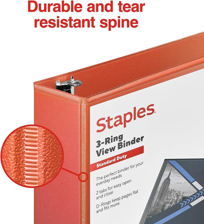 Staples Standard 2-Inch 3-Ring View Binder, Holds Up to 450 Sheets, Orange, Durable Binder for Office & School