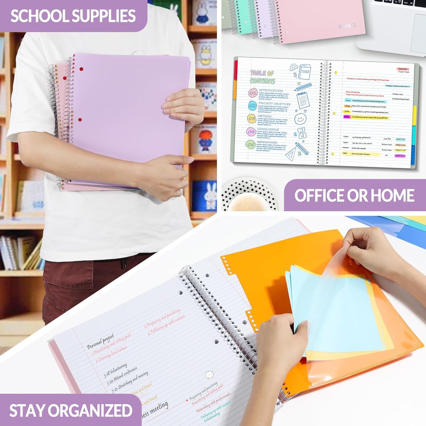 SUNEE 5 Subject Graph Paper Notebook - 400 Pages, 9"x11", 4x4 Graph Ruled Notebook, 5 Pocket Colored Dividers, 3-Hole Punched Paper, Black