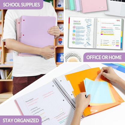 SUNEE 5 Subject Graph Paper Notebook - 400 Pages, 9"x11", 4x4 Graph Ruled Notebook, 5 Pocket Colored Dividers, 3-Hole Punched Paper, Black