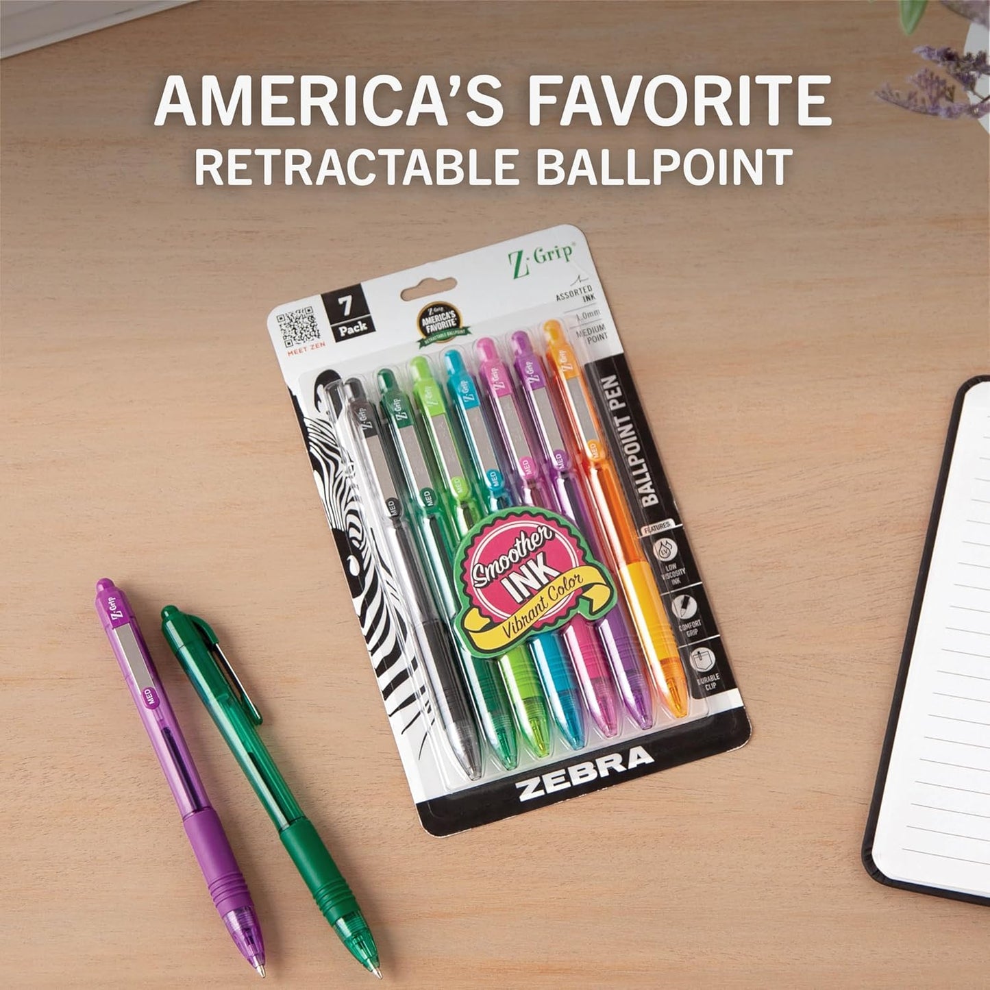 Zebra Pen Z-Grip Retractable Ballpoint Pen, Smooth-Flowing Black Ink, 1.0mm Medium Point, School & Office Supplies, Ideal for Note-Taking, Journal and Planner Use, 18-Pack (22218)