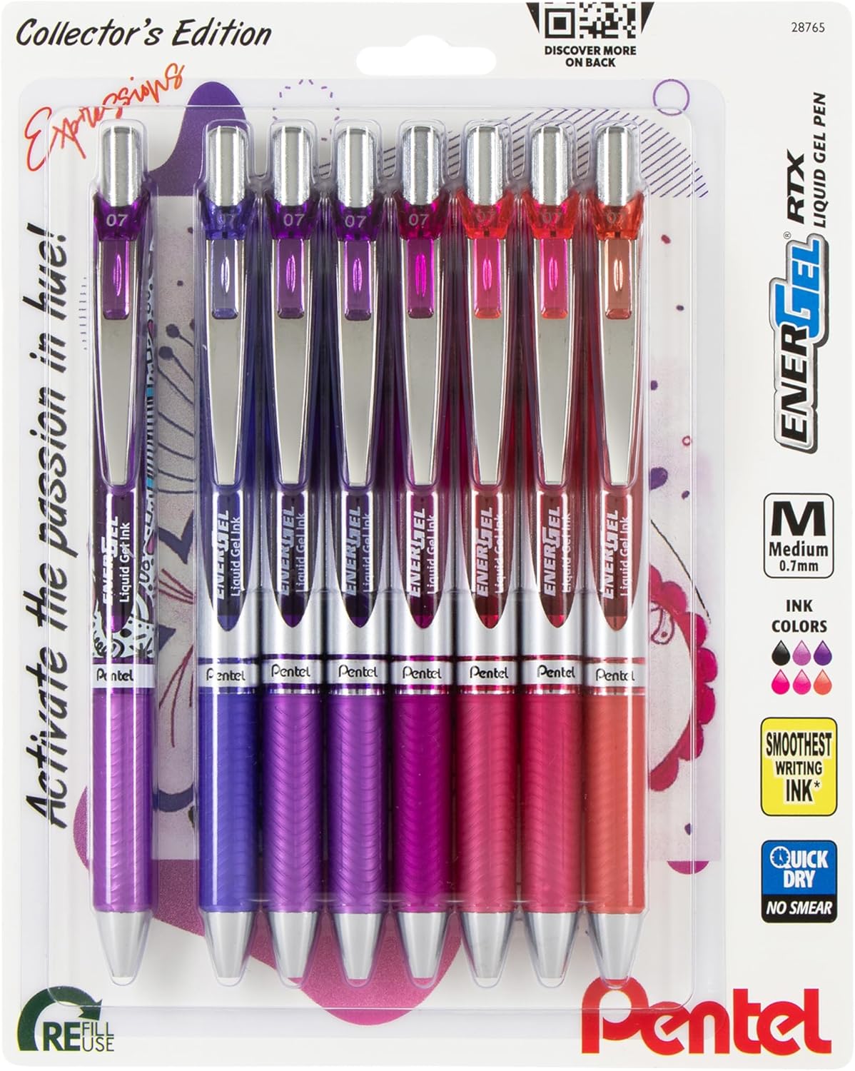 Pentel EnerGel RTX Retractable Liquid Gel Pen, Creator Expressions Pack, 0.7mm, Metal Tip, Medium Line, Assorted Ink, Pack of 8 Pens (BL77XRIGBP8M)
