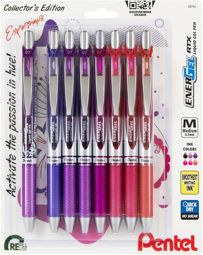 Pentel EnerGel RTX Retractable Liquid Gel Pen, Creator Expressions Pack, 0.7mm, Metal Tip, Medium Line, Assorted Ink, Pack of 8 Pens (BL77XRIGBP8M)