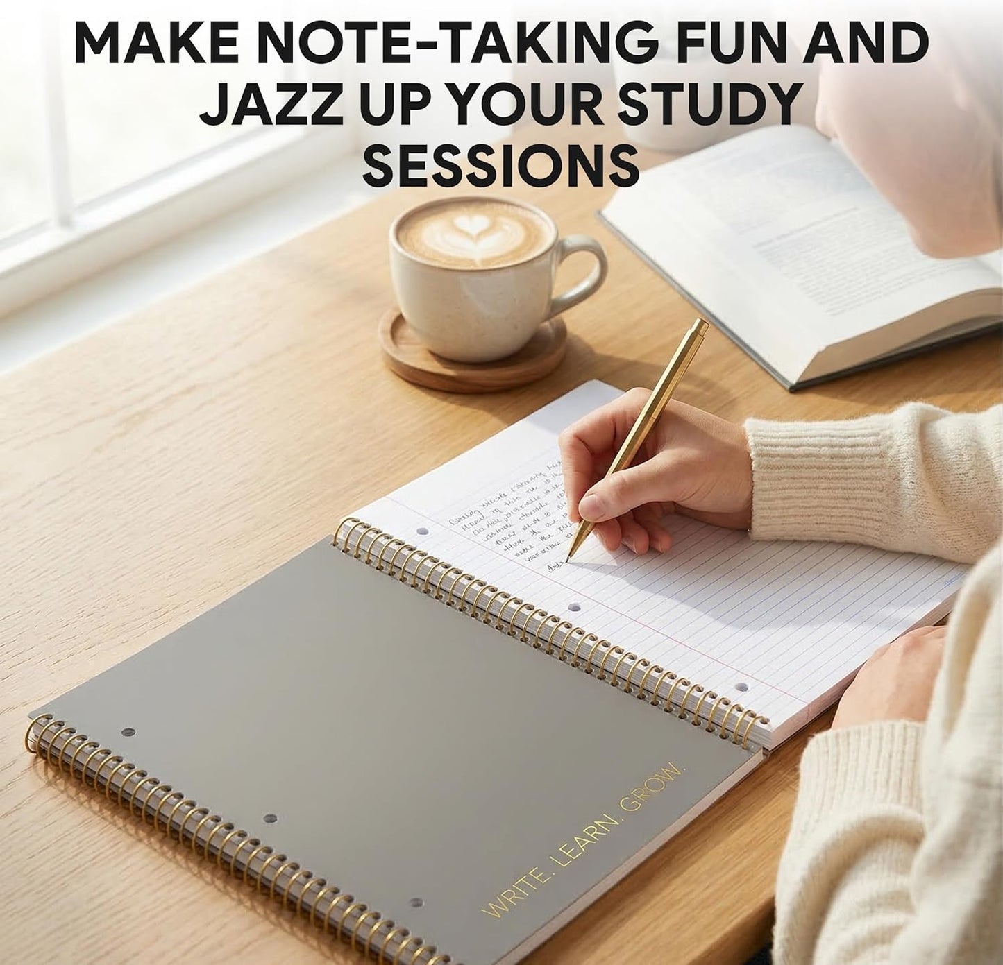 Decorably 5-Pack 140 Pages Gold Foiled Spiral Note Books College Ruled, 8x10.5in Spring Bound, 3-Hole Punched and Easy Tear-Off Perforated Design, Lined Pages - Work, School, Office