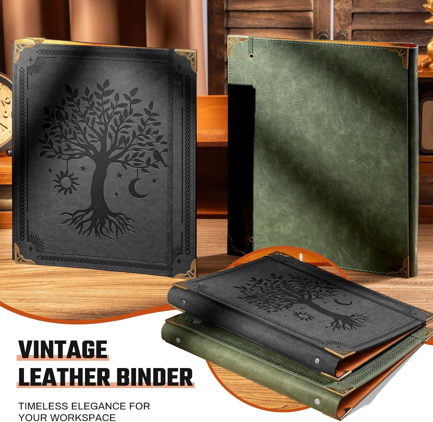 Ovesmusl Leather 3 Ring Binder Fits 8.5"x11" Letter Size Paper, 1 Inch Round Ring Binder Holds 200 Sheets, Notebook Cover Loose Leaf Organizer, Green Tree