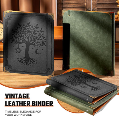 Ovesmusl Leather 3 Ring Binder Fits 8.5"x11" Letter Size Paper, 1 Inch Round Ring Binder Holds 200 Sheets, Notebook Cover Loose Leaf Organizer, Green Tree