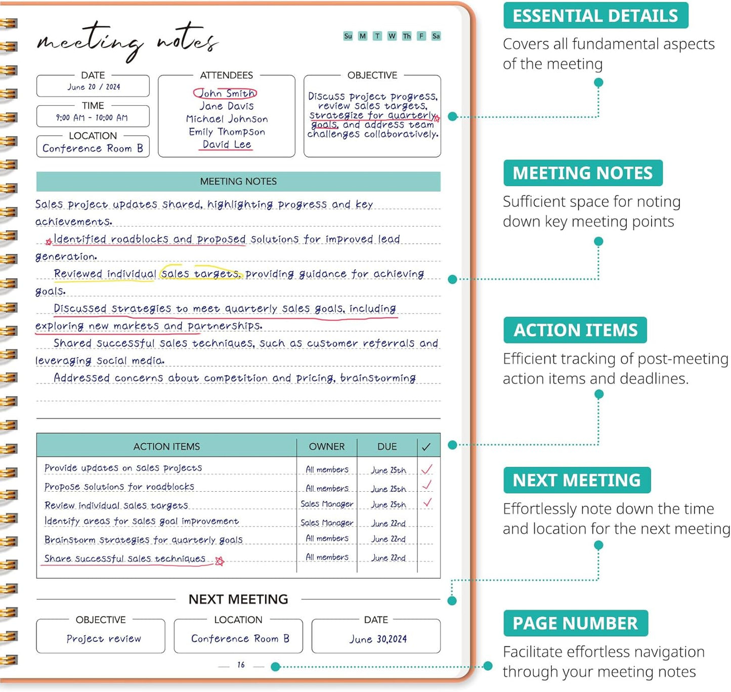 Meeting Notebook for Work Organization - Work notebook with action items, Meeting Minutes Planner Notebook, Perfect Office Supplies for Men & Women - Pink