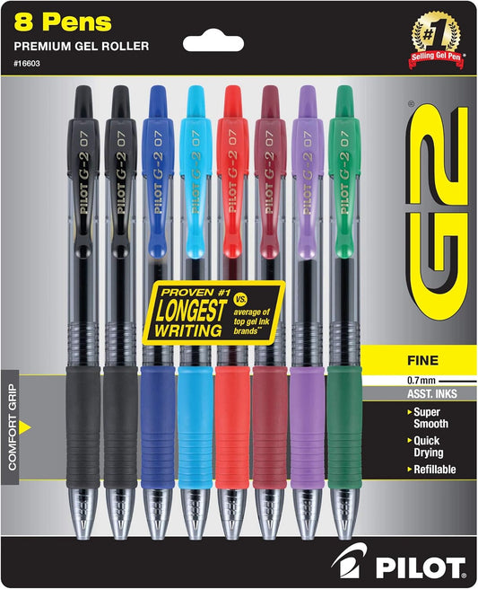 Pilot G2 Premium Refillable And Retractable Gel Ink Pens, Fine Point (0.7mm), 8 Colors, 8 Count (16606)