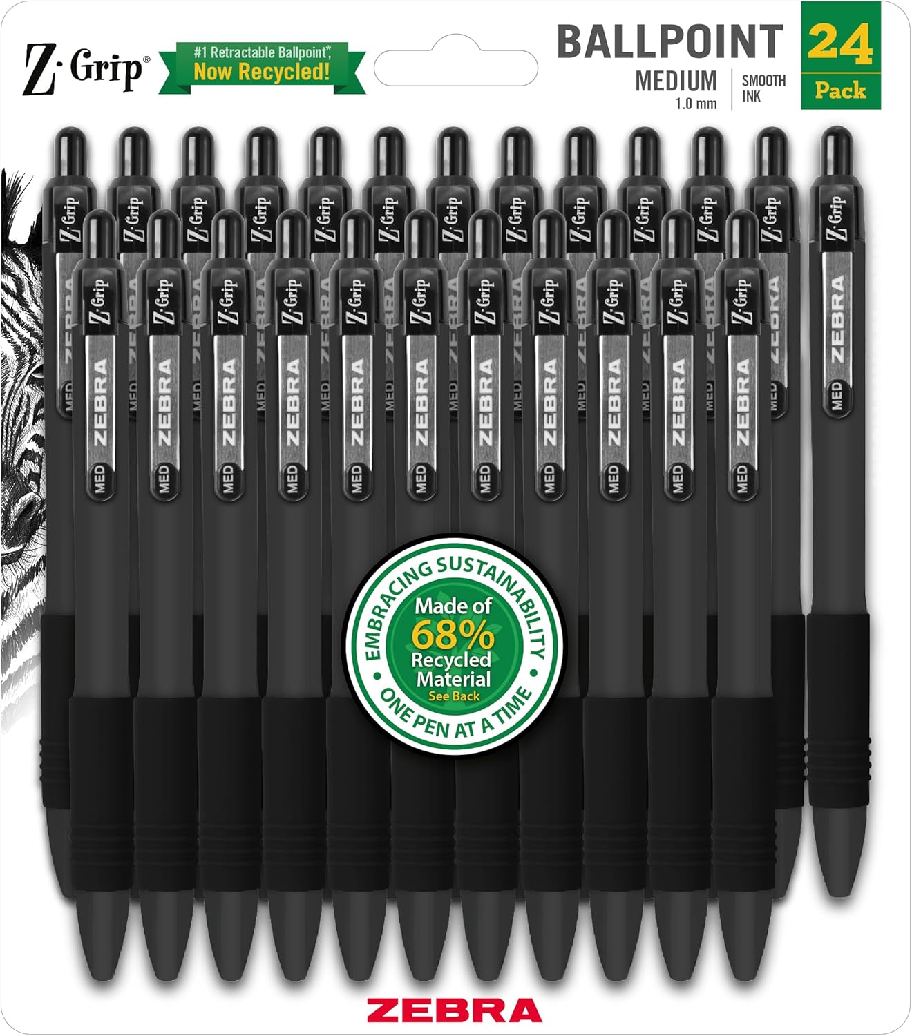 Zebra Pen Z-Grip Retractable Ballpoint Pen, Smooth-Flowing Black Ink, 1.0mm Medium Point, School & Office Supplies, Ideal for Note-Taking, Journal and Planner Use, 18-Pack (22218)