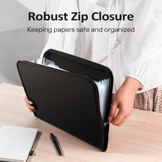 Sooez 13 Pocket Accordion File Organizer, Zipper Expanding File Folder Organizer, Reinforced Plastic Accordion Folder, A4 Letter Size, Portable Folders for Documents, Black