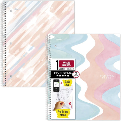 Five Star Spiral Notebook + Study App, 2 Pack, 1 Subject, Wide Ruled, 8" x 10-1/2", 80 Sheets, Fights Ink Bleed, Water Resistant Cover, Pastel Waves and Brush Strokes (930210F-ECM)