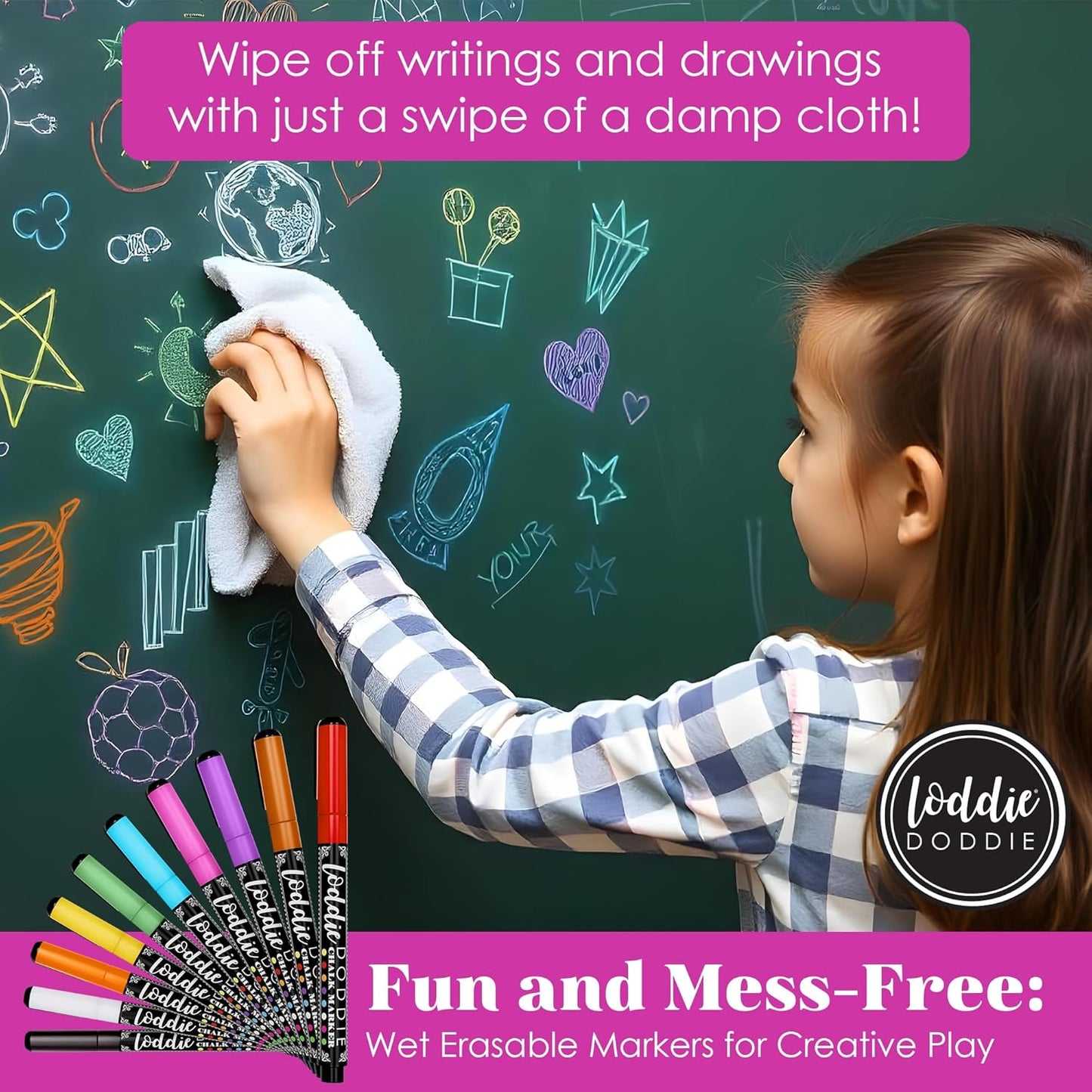 Loddie Doddie Liquid Chalk Markers - 8-Pack, 6mm Dual Tips - Chalk Markers for Blackboard & Chalkboard Paint - Washable Window Pens for Glass - Erasable Pens