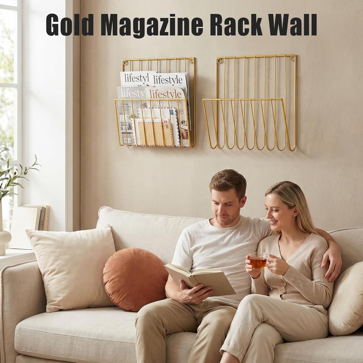2-Pack Wall Magazine Holder File Organizer Mental , Wall Mounted Magazine Rack for Space-Saving, Walls Magazine Holder for Mail, Bathroom & Home Office Organizer, Office Living Room(Gold)