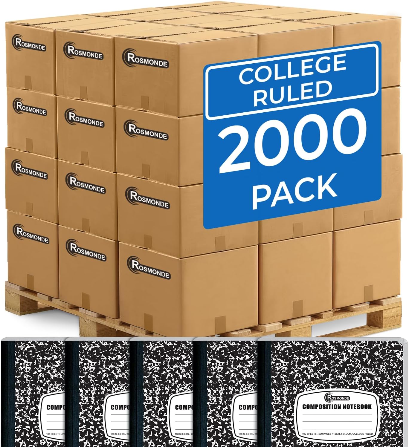 Rosmonde 50 Pack Bulk Composition Notebooks, College Ruled Notebook, 200 Pages (100 Sheets), 9-3/4 x 7-1/2", Hard Cover, Black Marble Composition Journal Book, Bulk Notebooks for School & College