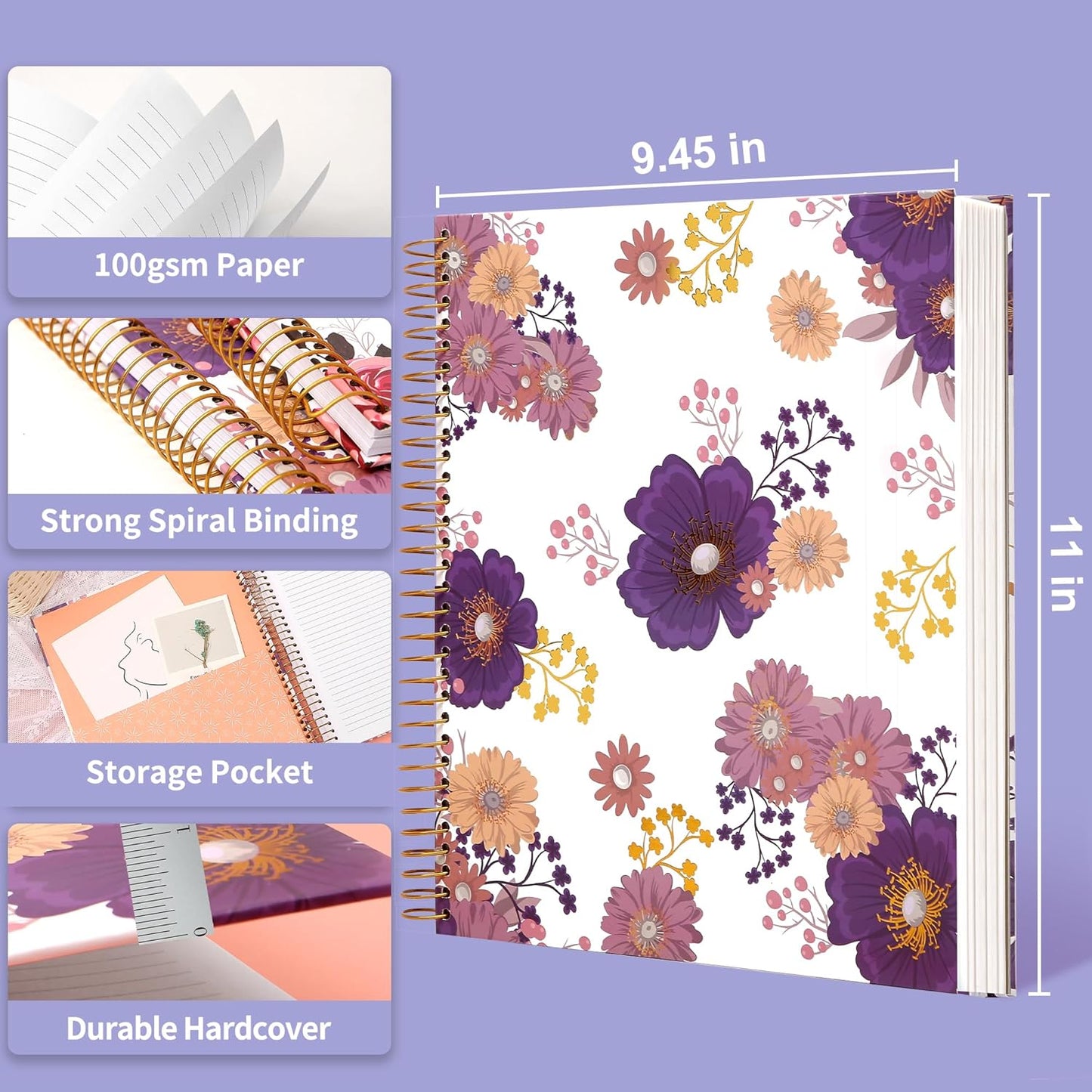 CAGIE Spiral Notebook Journal 8.5 x 11 Hardcover Notebooks College Ruled with Large Pockets Aesthetic Floral Note Book Spiral Bound Notebooks for Work Note Taking Women Writing School, 200 Pages