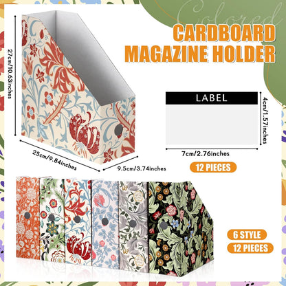 PerKoop 6 Pcs Decorative Magazine File Holders Floral Foldable File Folders Magazine Storage Boxes Rack Desk Organizer Documents with Printable Labels for School Office Home (Floral)