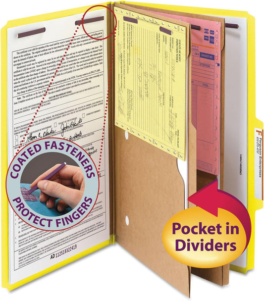 Smead Pressboard Classification File Folder with SafeSHIELD Fasteners, 2 Pocket Dividers, 2" Expansion, Legal Size, Yellow, 10 per Box (19084)