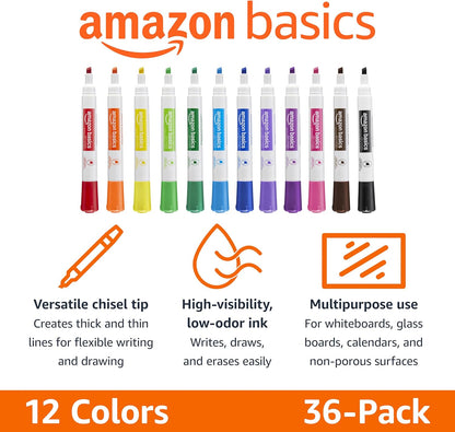 Amazon Basics Low-Odor Dry Erase Whiteboard Markers, Fine Tip, Quick-Dry, Black, 36-Pack