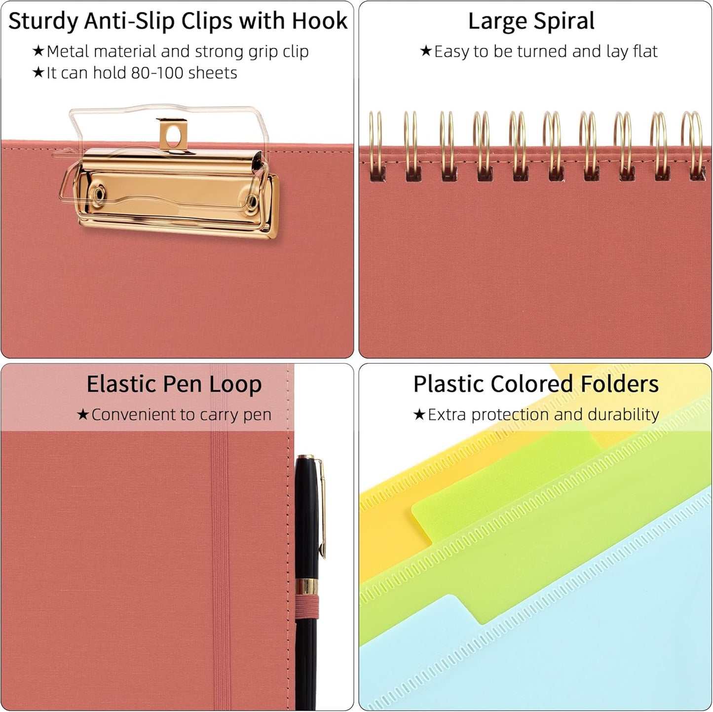 Ospelelf Foldable Spiral Clipboard Folio with Storage Zipper Pouch, 5 Plastic Folders with 10 Pockets,Refillable Lined Notepad (11" x 8.5"), Hardcover Project Organizer with 39 Stickers (Purple)